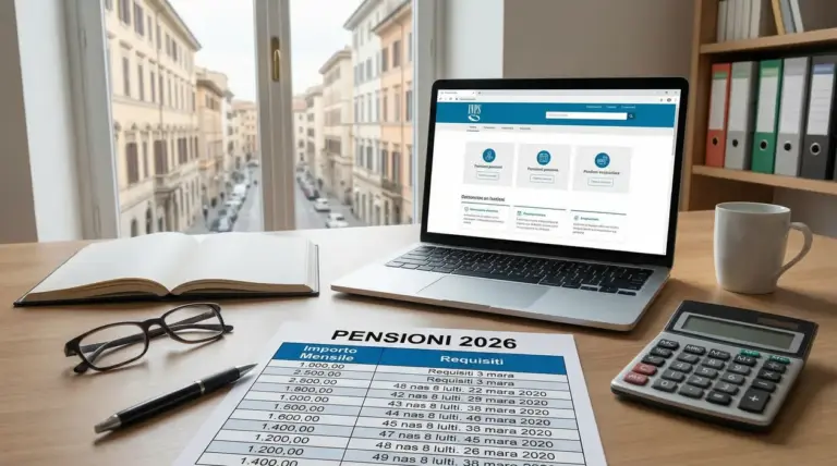 Scrivania con laptop aperto sul sito INPS, calcolatrice e documento sulle pensioni 2026