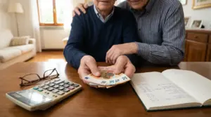 Due persone anziane contando banconote e monete su un tavolo con calcolatrice e quaderno