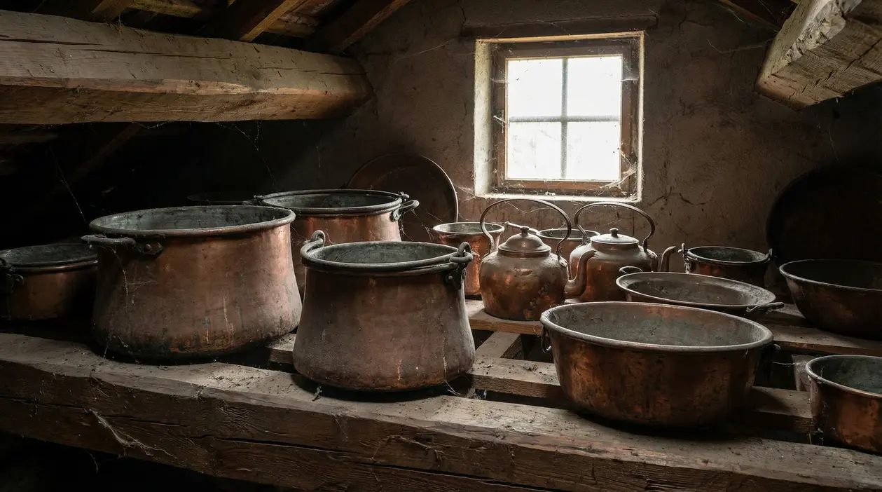 Vecchi recipienti e pentole in rame polverosi riposti in una soffitta