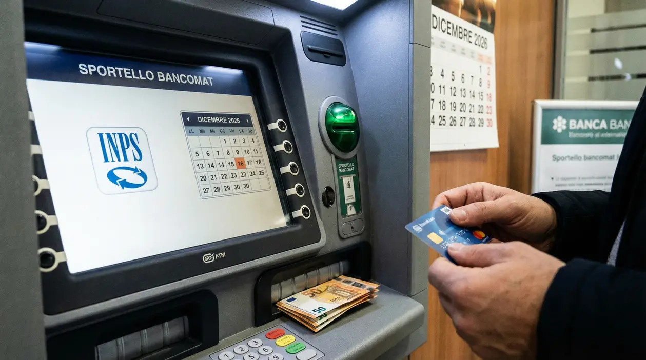 Persona preleva contanti da uno sportello bancomat con schermata INPS e calendario dicembre 2026
