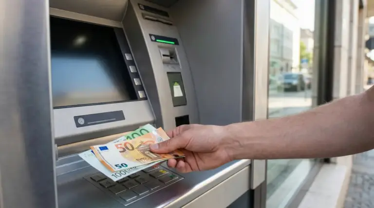 Persona preleva contanti da uno sportello bancomat in città