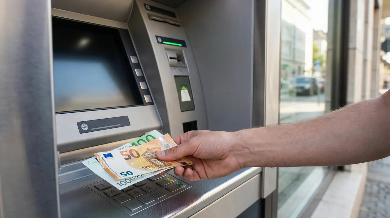Persona preleva contanti da uno sportello bancomat in città