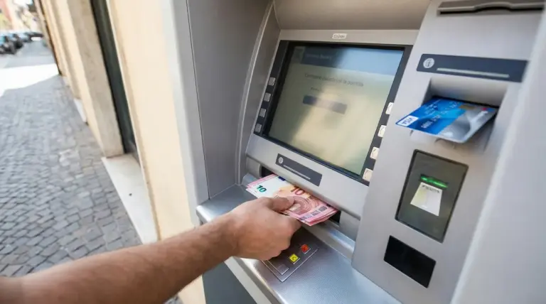 Persona preleva banconote da uno sportello bancomat in una strada cittadina.