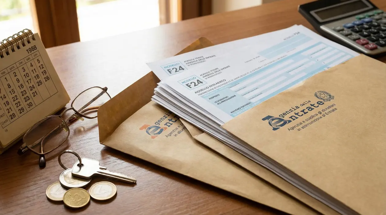 Busta dell'Agenzia delle Entrate con moduli F24 su scrivania