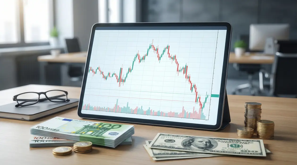 Grafico finanziario su tablet con banconote in euro e dollari e monete su scrivania