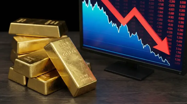 Lingotti d'oro accanto a un monitor con grafico in calo