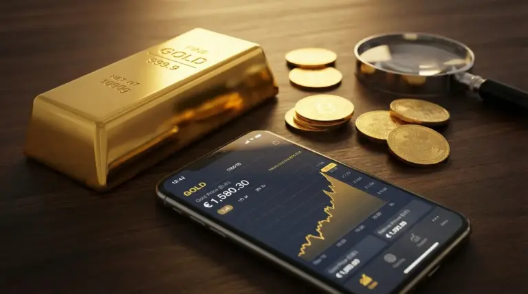 Lingotto d'oro, monete e smartphone con grafico del prezzo dell'oro su tavolo in legno
