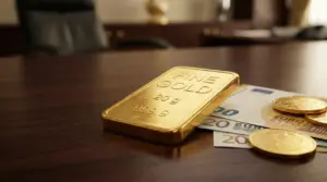 Lingotto d'oro da 20 grammi su un tavolo con monete e banconote in euro