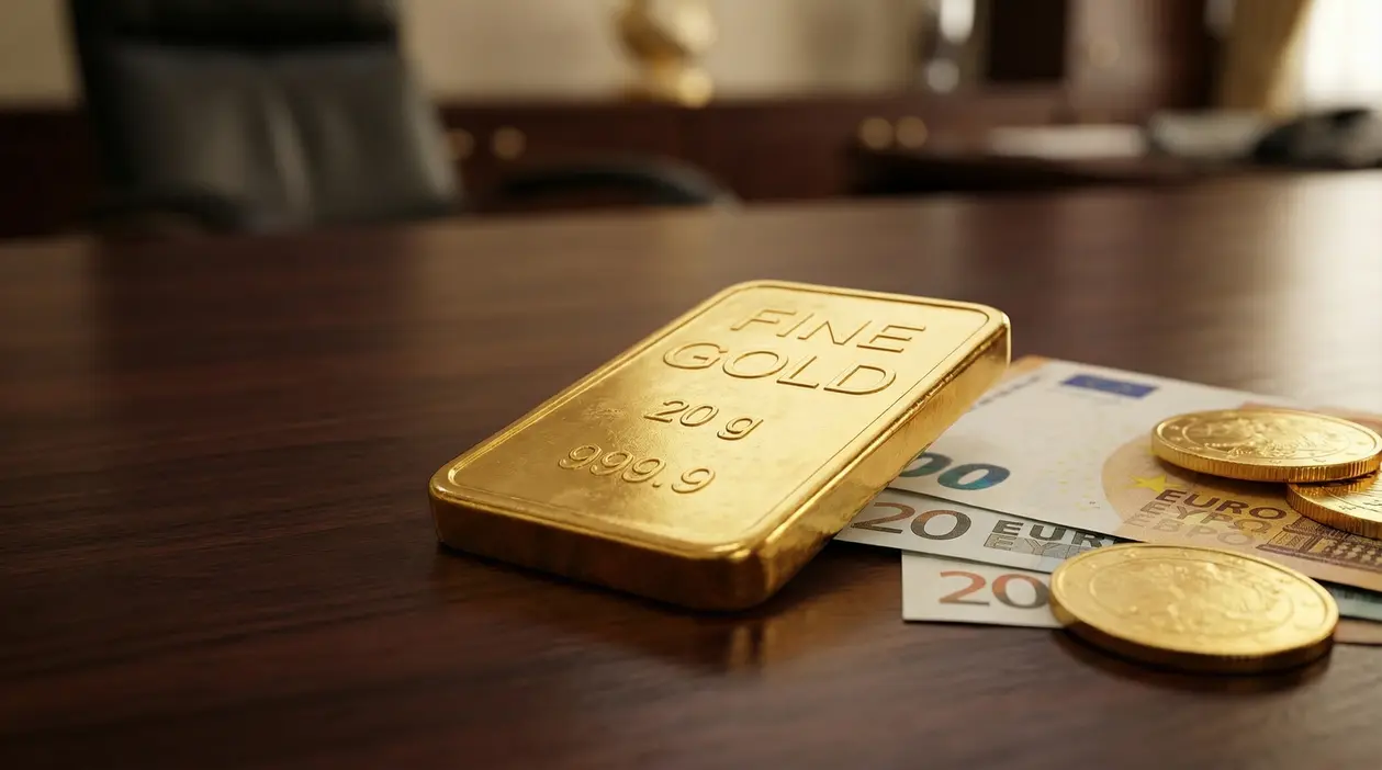 Lingotto d'oro da 20 grammi su un tavolo con monete e banconote in euro