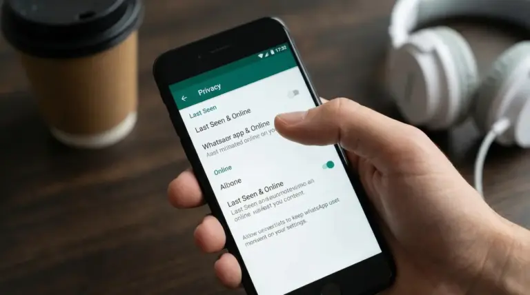 Una mano tiene uno smartphone con aperta la schermata delle impostazioni sulla privacy di WhatsApp.