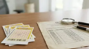 Schedine del lotto accanto a un foglio con statistiche e una lente d'ingrandimento su un tavolo