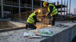 Due operai in cantiere con indumenti ad alta visibilità e banconote in euro in primo piano