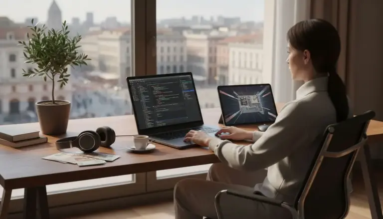 Persona che lavora da remoto con computer portatile in un ufficio con vista sulla città