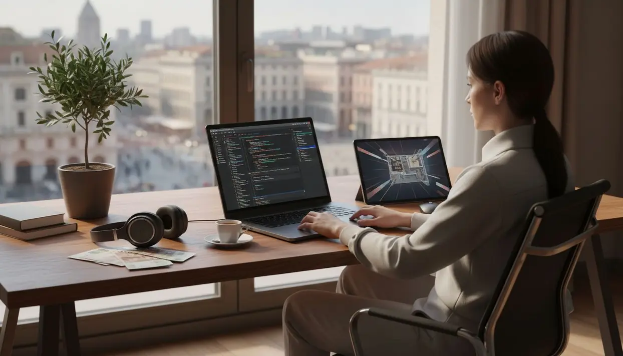 Persona che lavora da remoto con computer portatile in un ufficio con vista sulla città