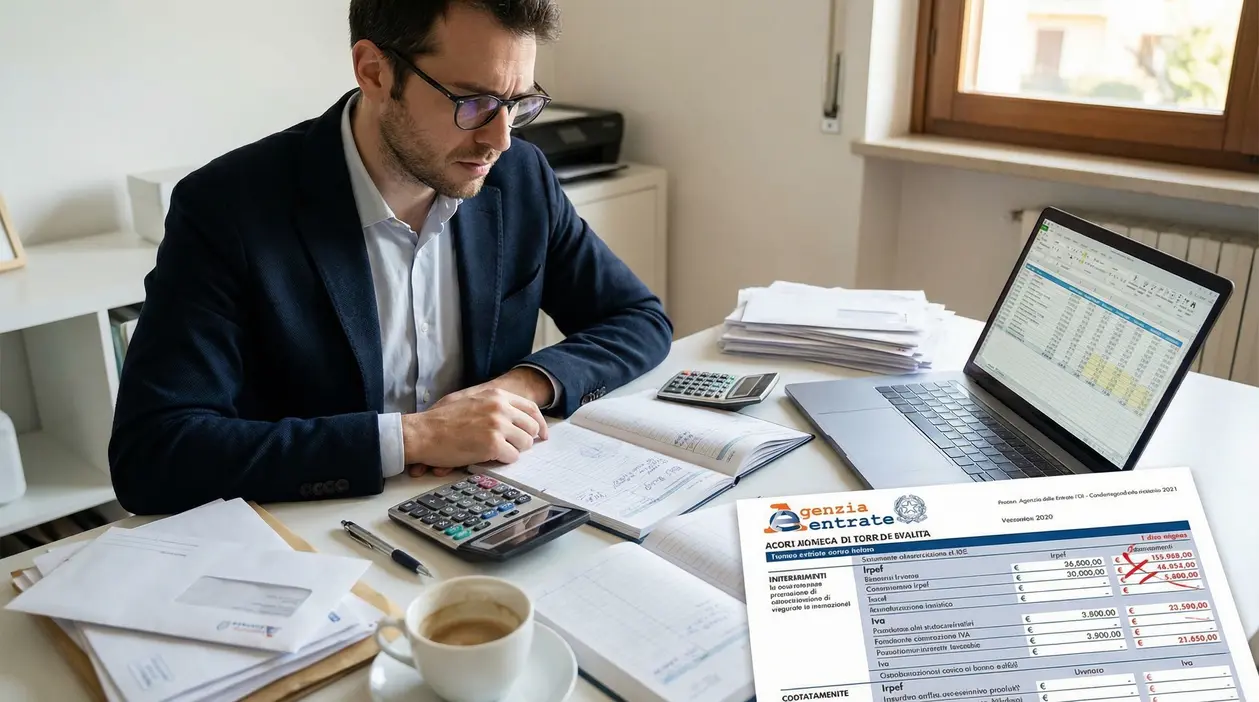 Persona alla scrivania che lavora su contabilità con laptop, calcolatrice e documenti fiscali