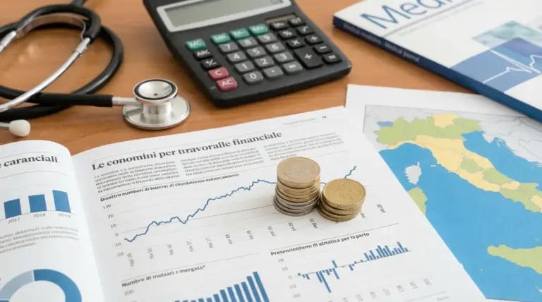 Grafici finanziari, monete, stetoscopio e documenti medici su una scrivania