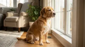 Cane seduto vicino a una finestra che guarda all'esterno in una casa luminosa