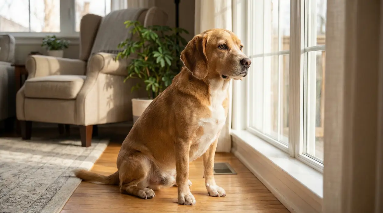 Cane seduto vicino a una finestra che guarda all'esterno in una casa luminosa