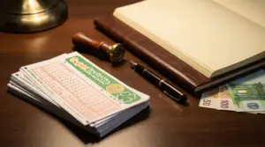 Schedine del Superenalotto su una scrivania con penna, timbro, denaro e agenda