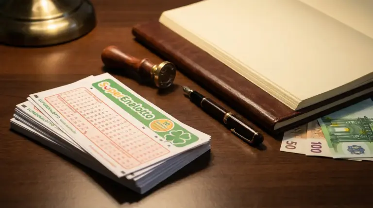 Schedine del Superenalotto su una scrivania con penna, timbro, denaro e agenda