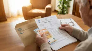 Persona anziana legge il certificato di pensione INPS e tiene alcune banconote in mano