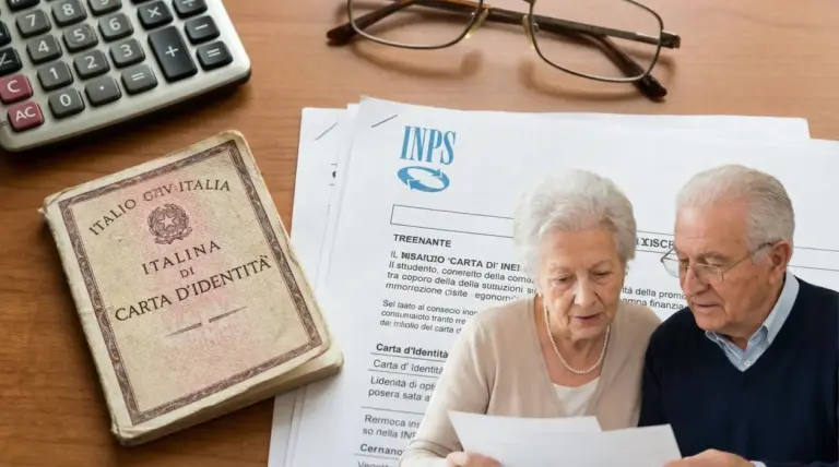 Due anziani leggono un documento INPS su una scrivania con occhiali, calcolatrice e carta d'identità