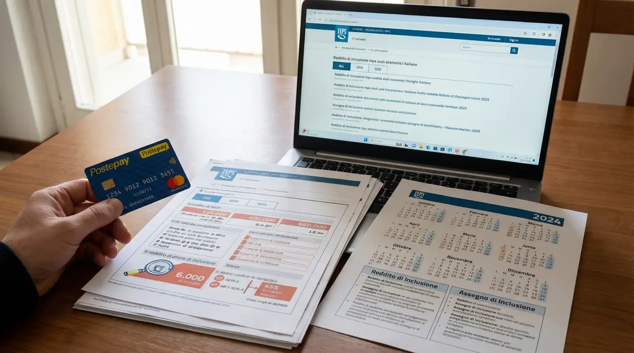 Una persona tiene una carta PostePay davanti a documenti INPS e un portatile acceso su una pagina del Reddito di inclusione