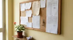 Bacheca condominiale con avvisi cartacei e un mazzo di chiavi appesi a una parete in un corridoio.