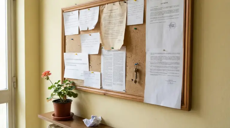Bacheca condominiale con avvisi cartacei e un mazzo di chiavi appesi a una parete in un corridoio.