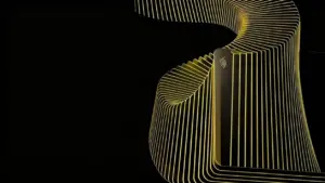 Illustrazione astratta di una carta contactless con linee gialle su sfondo nero