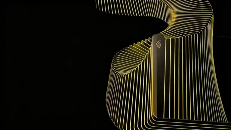 Illustrazione astratta di una carta contactless con linee gialle su sfondo nero