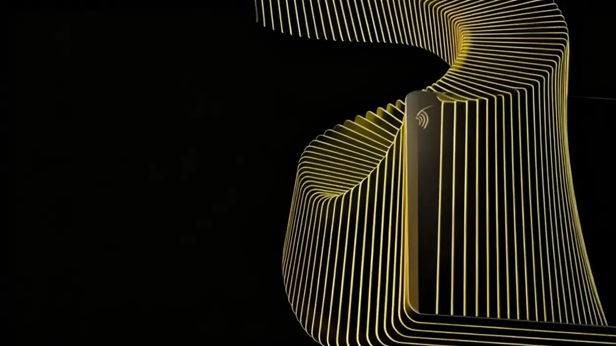 Illustrazione astratta di una carta contactless con linee gialle su sfondo nero