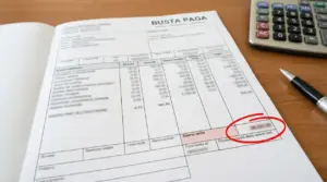 Busta paga su una scrivania con una penna e una calcolatrice accanto