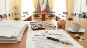 Scrivania con documenti sulla riforma pensionistica, calcolatrice, salvadanaio e tazza di caffè