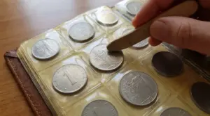 Mano che utilizza uno strumento di legno per rimuovere una moneta da un album da collezione