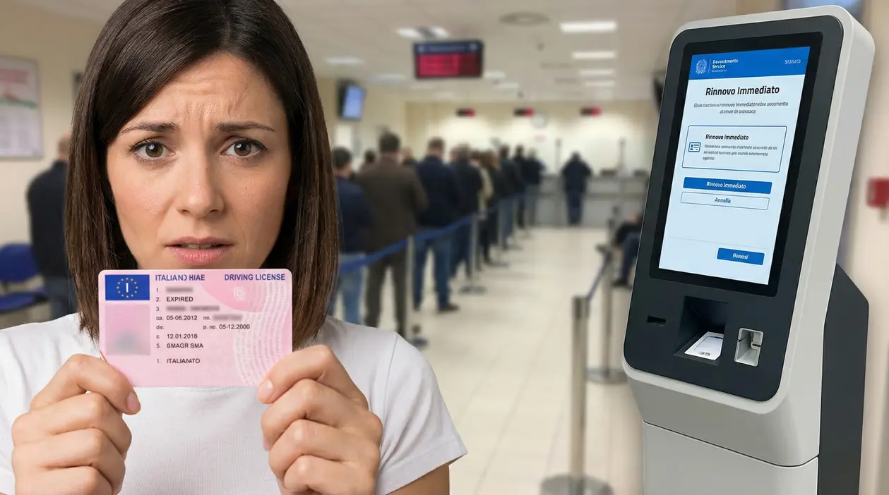 Donna preoccupata mostra una patente scaduta in un ufficio affollato con totem per rinnovo automatico.