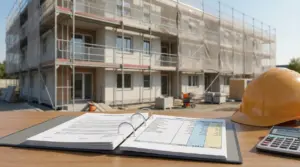 Documenti e casco da cantiere su un tavolo davanti a un edificio in ristrutturazione