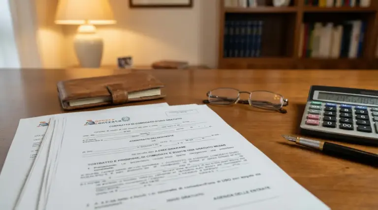 Contratto di comodato d'uso gratuito su scrivania con occhiali, calcolatrice e penna