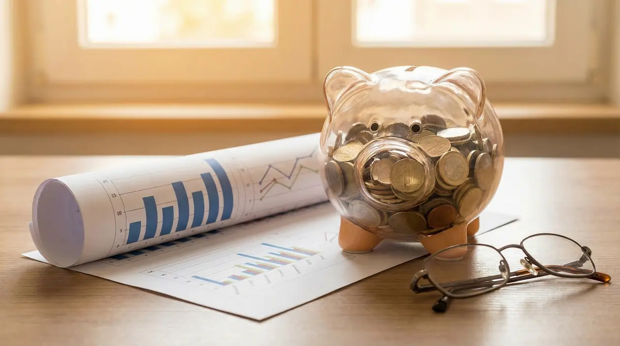 Un salvadanaio a forma di maialino pieno di monete accanto a grafici finanziari su una scrivania