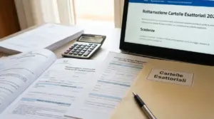 Moduli di rottamazione cartelle esattoriali su scrivania con calcolatrice e computer