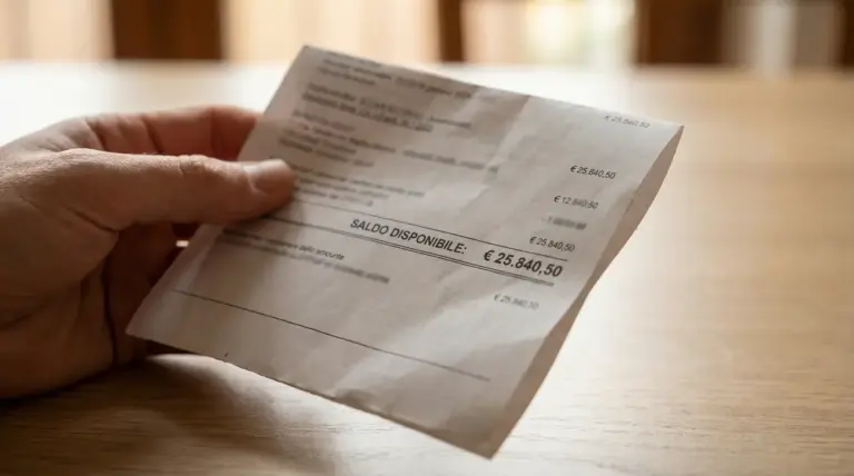 Una mano tiene un estratto conto con un saldo disponibile visibile