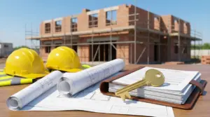 Casco da cantiere, progetti edilizi e chiave su tavolo davanti a edificio in costruzione