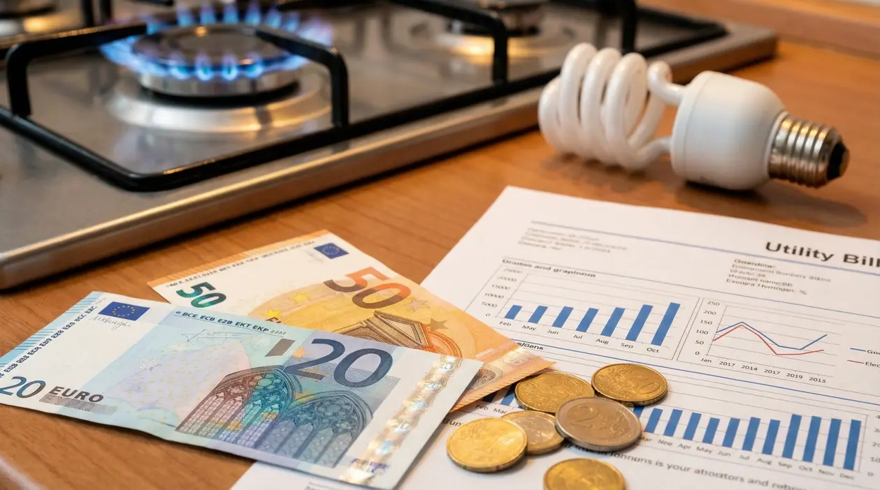 Banconote, monete e bolletta su un tavolo vicino a fornelli accesi e una lampadina