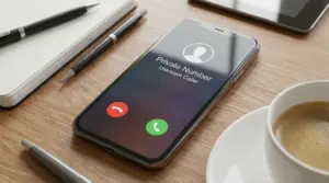 Smartphone su un tavolo con una chiamata da numero privato in arrivo