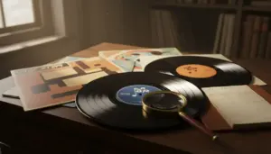 Dischi in vinile su un tavolo accanto a una lente di ingrandimento e un taccuino