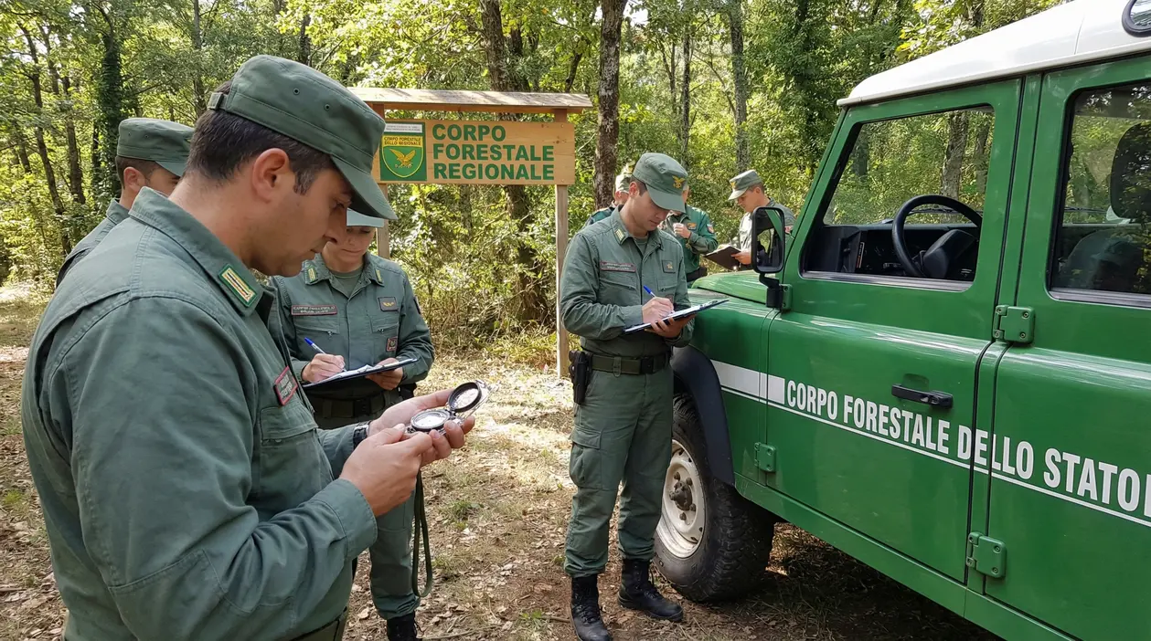 Agenti del Corpo Forestale in uniforme durante una sessione di addestramento all'aperto