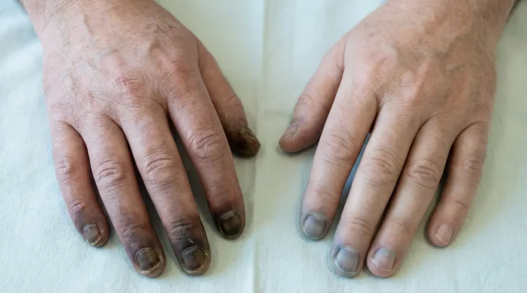 Mani di una persona con dita scolorite e segni di necrosi, sintomo del morbo di Buerger