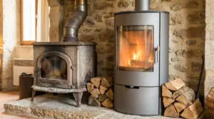 Vecchia stufa in ghisa accanto a una moderna stufa a legna in un ambiente rustico