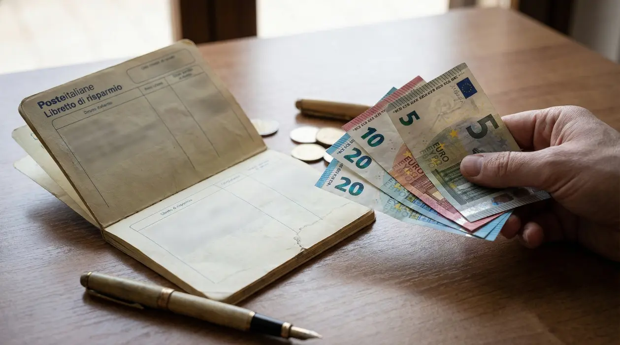 Una mano tiene banconote in euro accanto a un libretto di risparmio su un tavolo