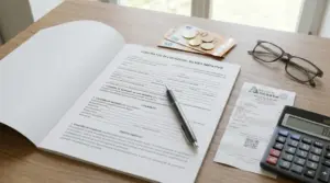 Documento di contratto d'affitto su scrivania con ricevuta, soldi, calcolatrice e occhiali